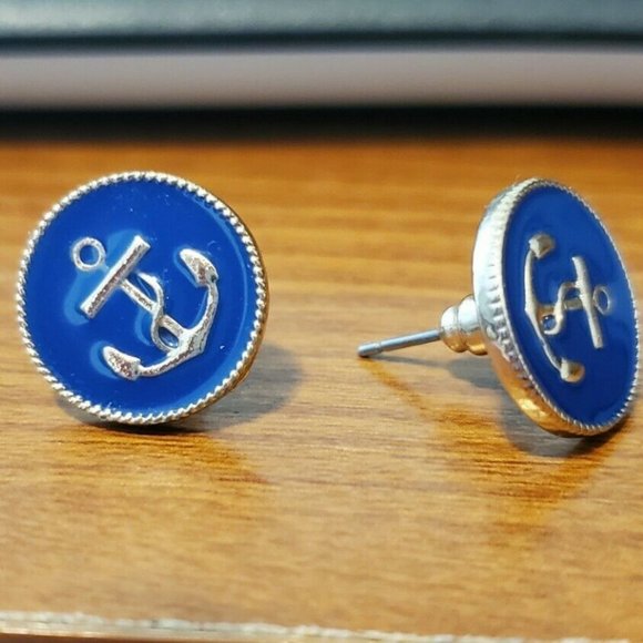 Coastal Earrings Anchor Nautical Post, blue with gold-tone trim - Picture 2 of 4